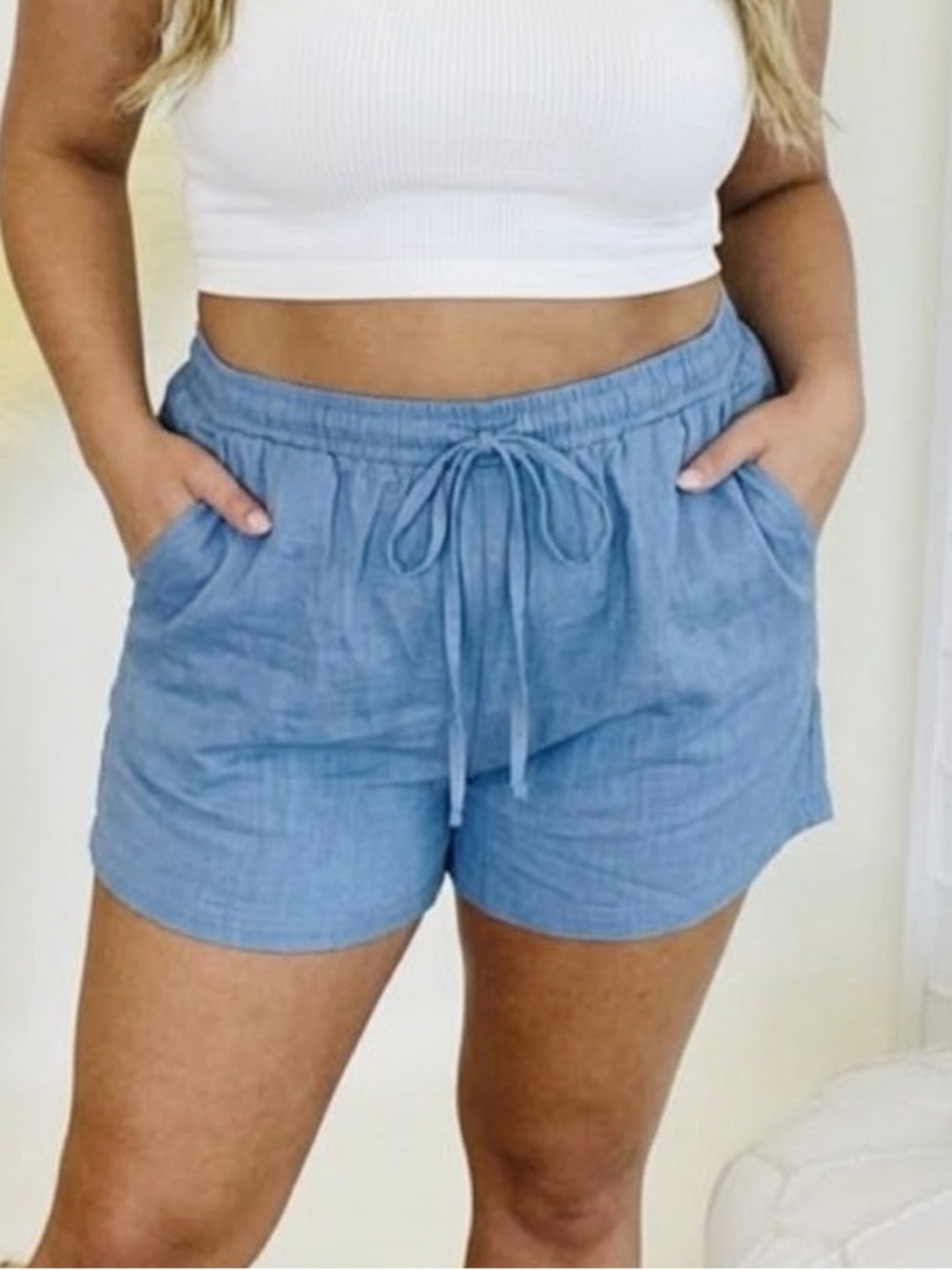 White Birch Light Blue Chambray Drawstring Shorts Plus Size 3XL Casual Coastal